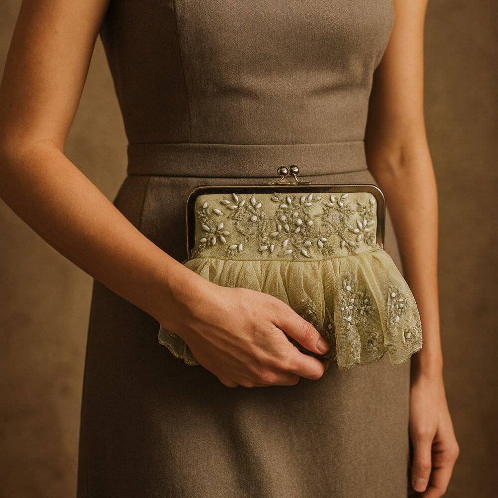 Moyna Hand-Beaded Organza Bridal Evening Bag Gold EUC - Picture 3 of 8